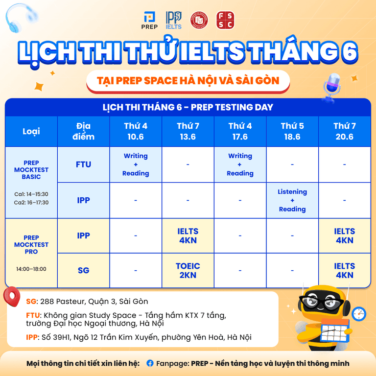 Đăng ký thi thử IELTS, TOEIC tại PREP Space tháng 6/2026