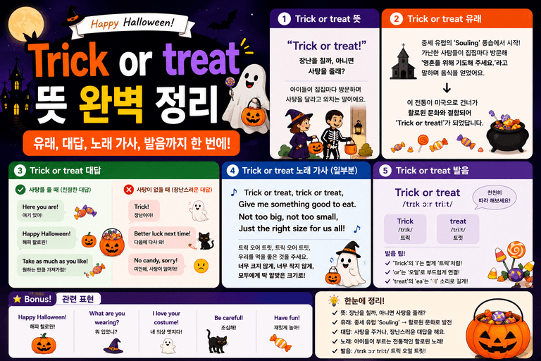 Trick or treat 뜻 완벽 정리: 유래, 대답, 노래 가사, 발음까지 한 번에